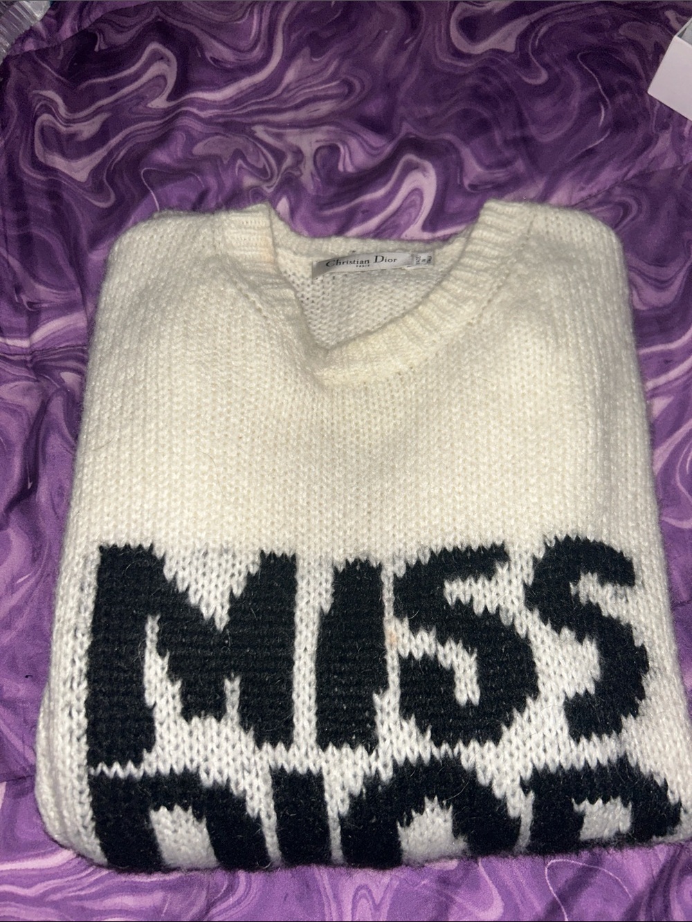 Dior Cream V-Neck Sweater with Navy 'MISS DIOR' Logo